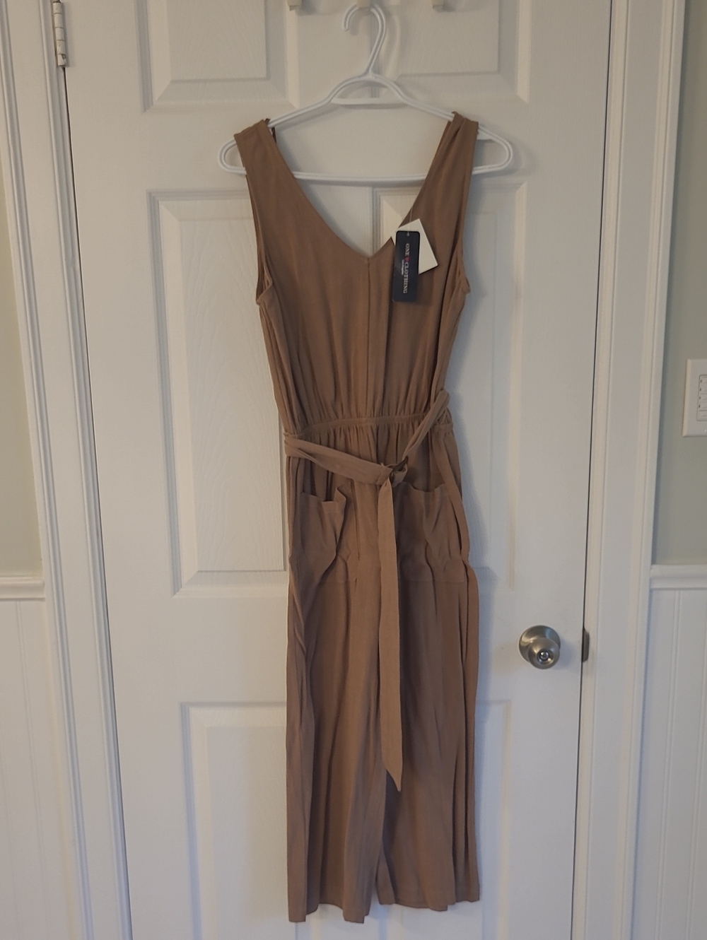 Sleeveless Tan V-Neck Jumpsuit with Waist Tie